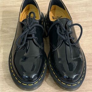 Dr. Martens Shiny Black Shoes with Yellow Stitching